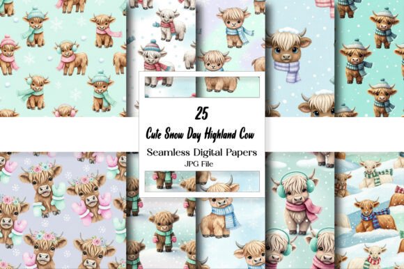 Bringing Winter Charm to Life with Cute Snow Day Highland Cow Digital Paper