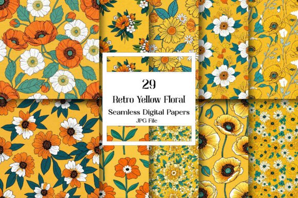 Retro Yellow Floral Digital Paper for Modern Designs